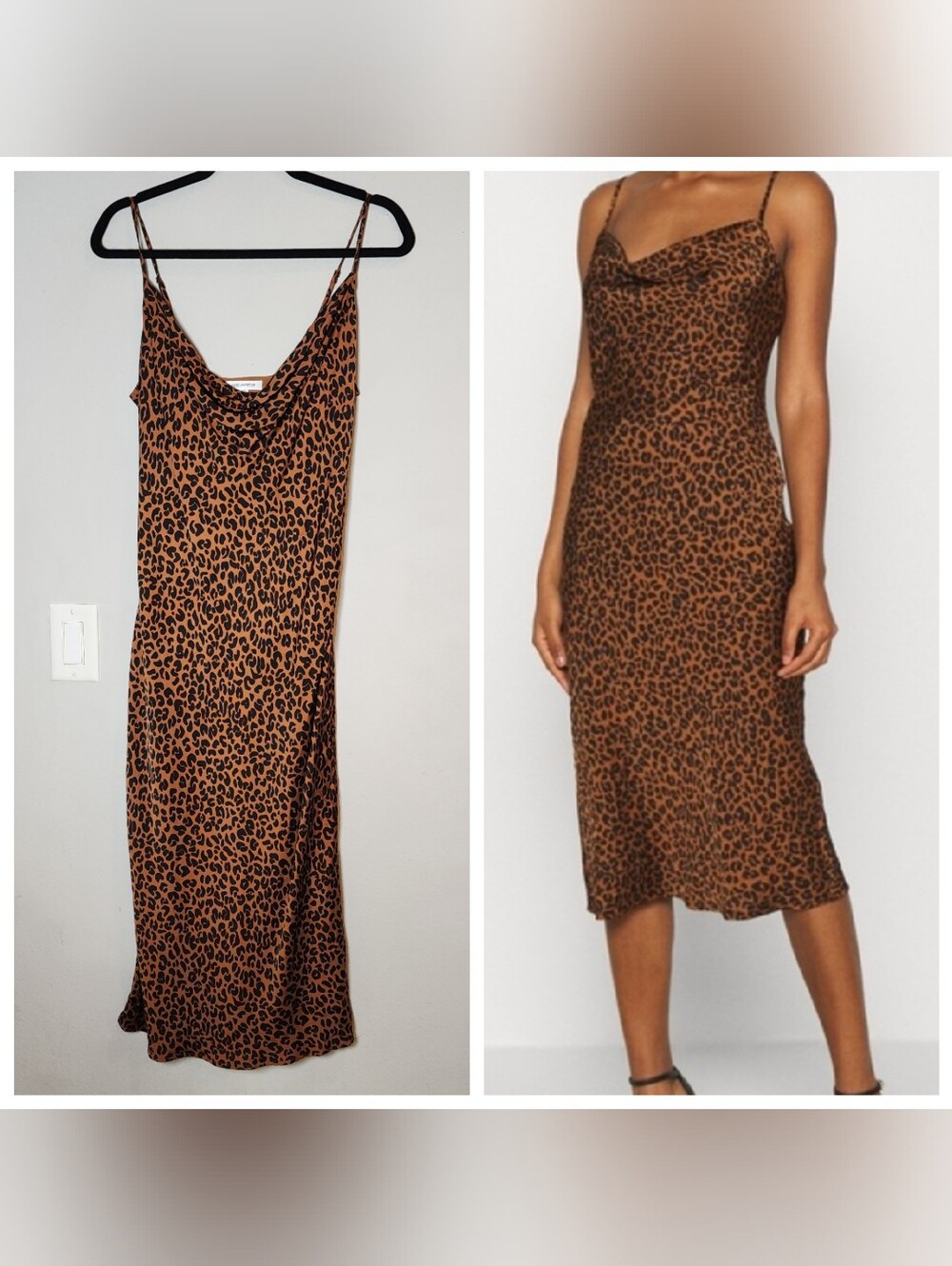 Good American Satin Cowl Neck Midi Dress Brown Cheetah Animal Print Size L (3)